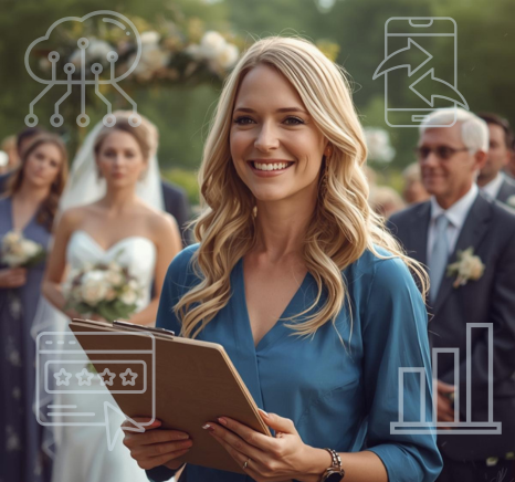 happy blonde wedding planner at wedding using marketing automations