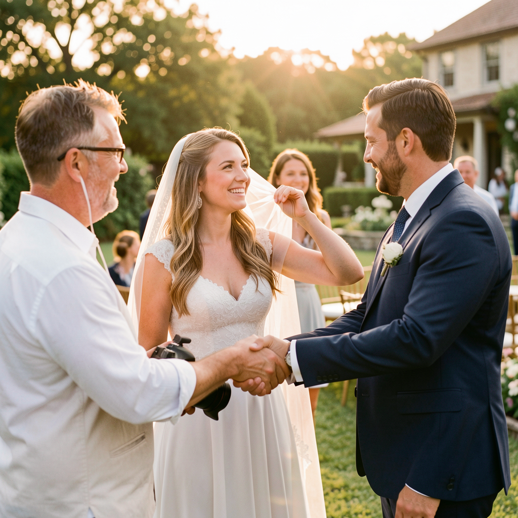 happy caucasin couple talking to wedding vendor
