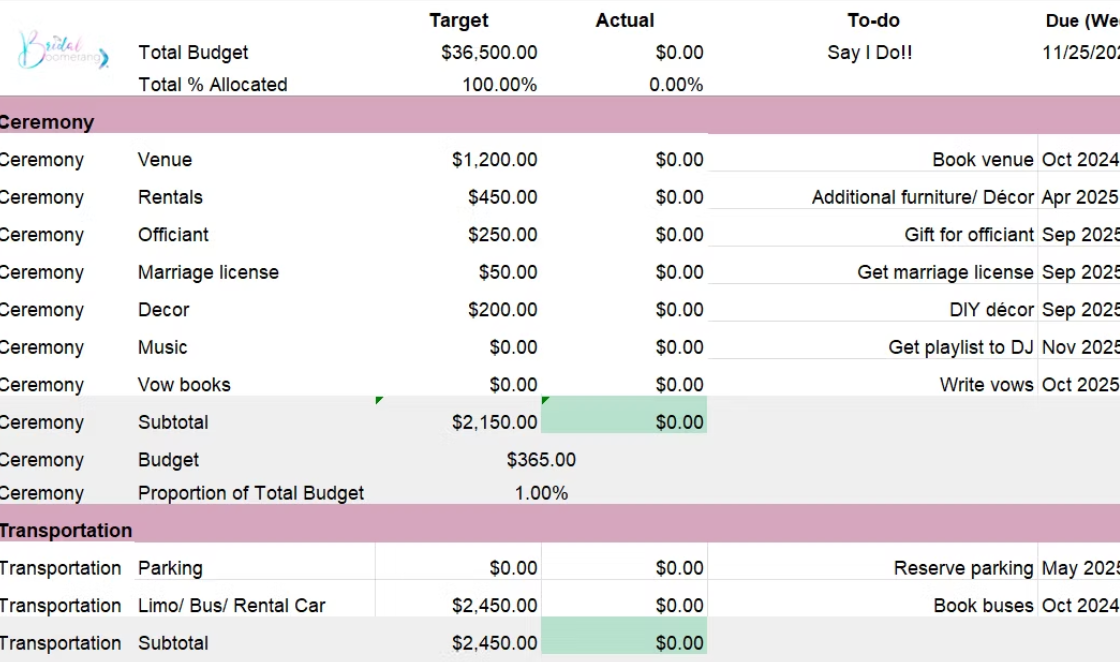 Bridal Boomerang wedding budget tracker template