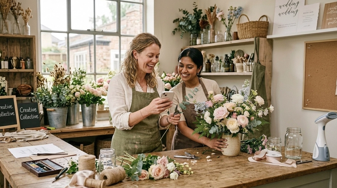 wedding florists happy at desk pricing