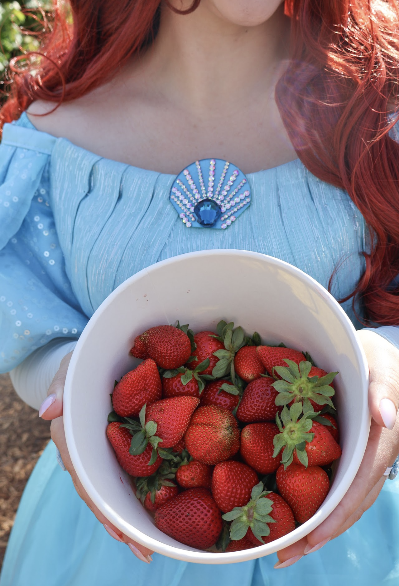 Close view of Ariel's blue costume and a bowl of strawberries at the farm