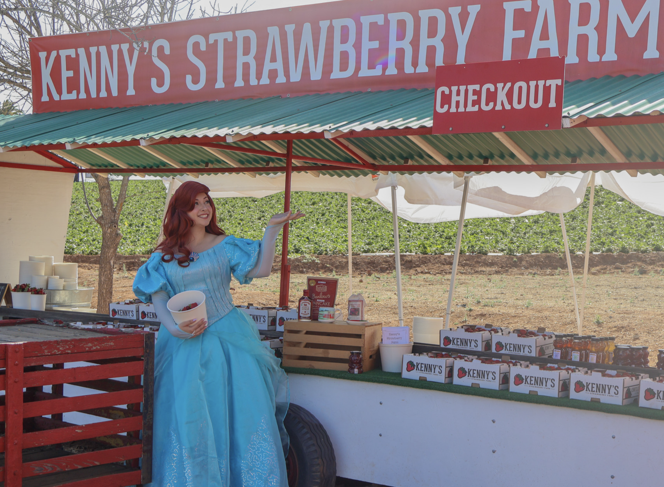 Ariel holding strawberries beside the checkout stand at Kenny's Strawberry Farm