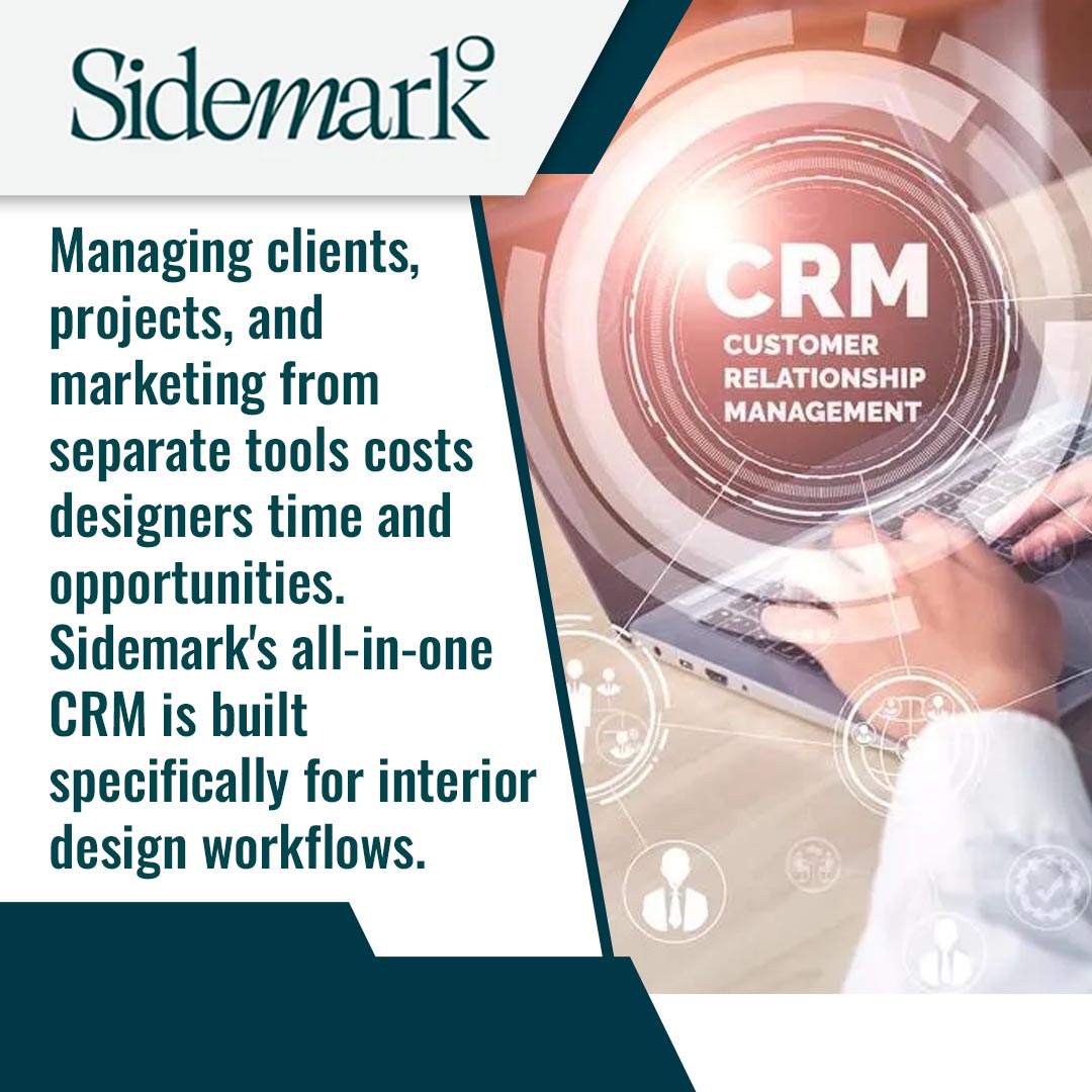 Person using a laptop with CRM interface graphic, representing client and project management software for designers.