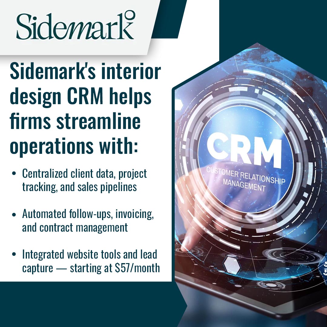 Graphic promoting Sidemark CRM with features like client data management, project tracking, automated follow-ups, and lead capture tools.