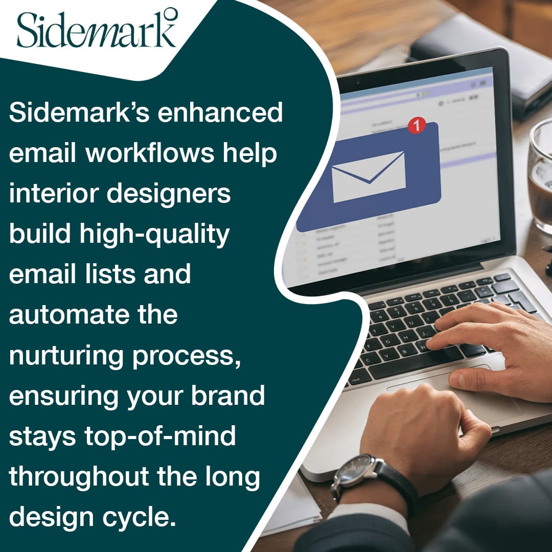 Person using a laptop with email icon overlay promoting automated email workflows for interior designers