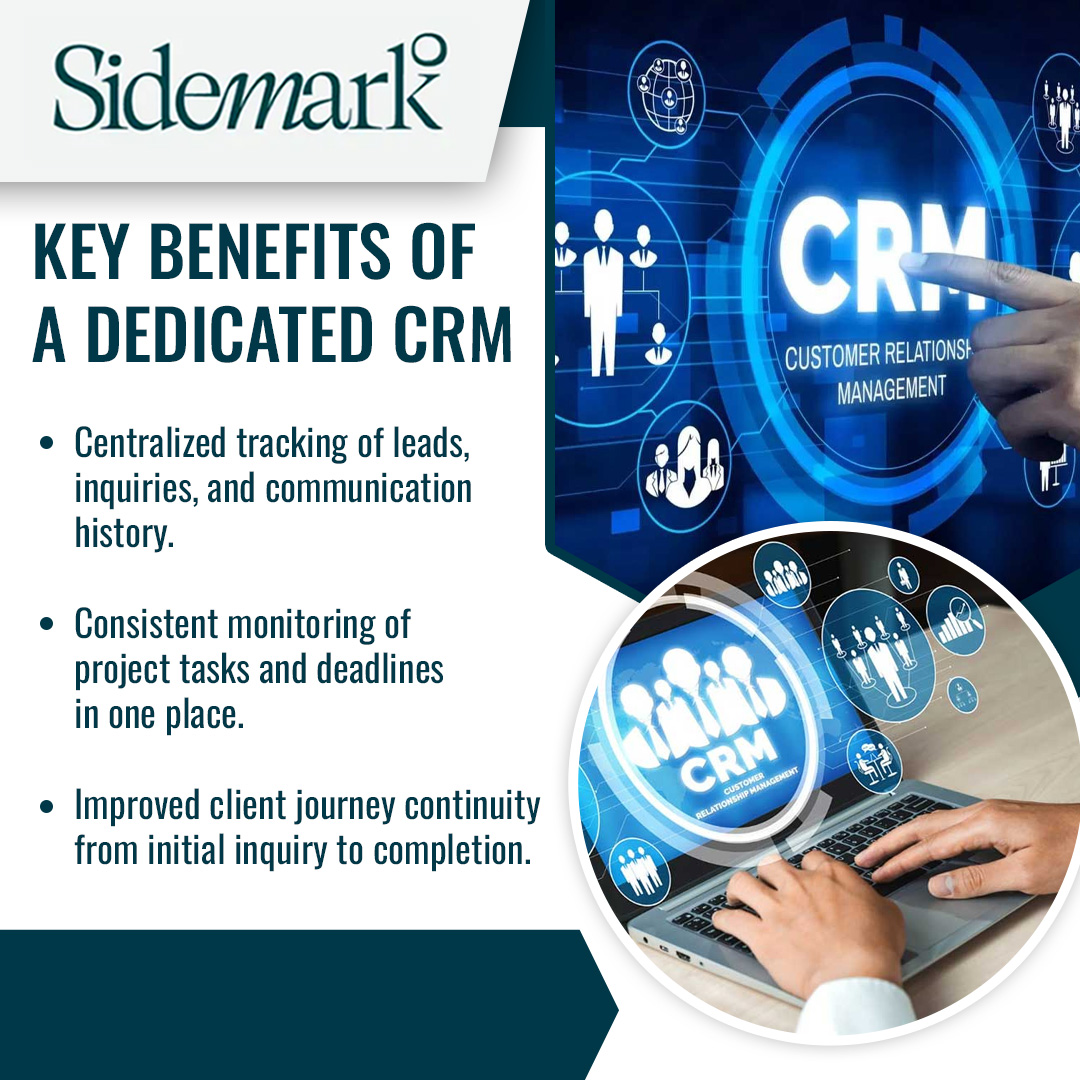 Sidemark graphic highlighting three CRM benefits: lead tracking, deadline monitoring, and client journey continuity.