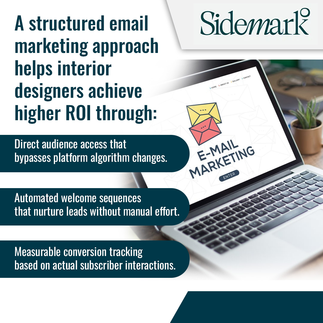 Sidemark graphic with a laptop displaying an email marketing interface, listing three ROI benefits.
