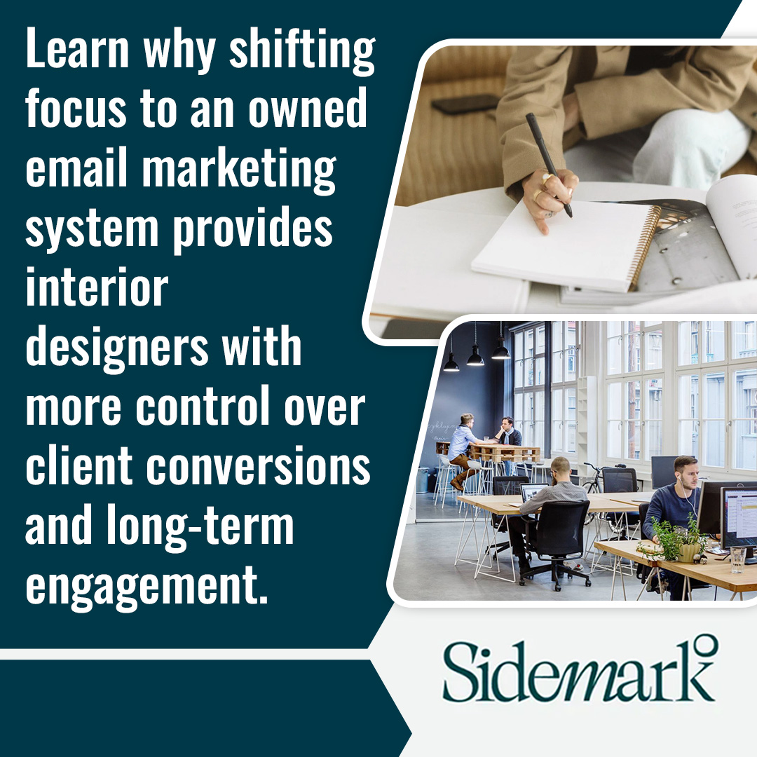 Sidemark graphic with a person writing in a notebook and a modern office workspace,.