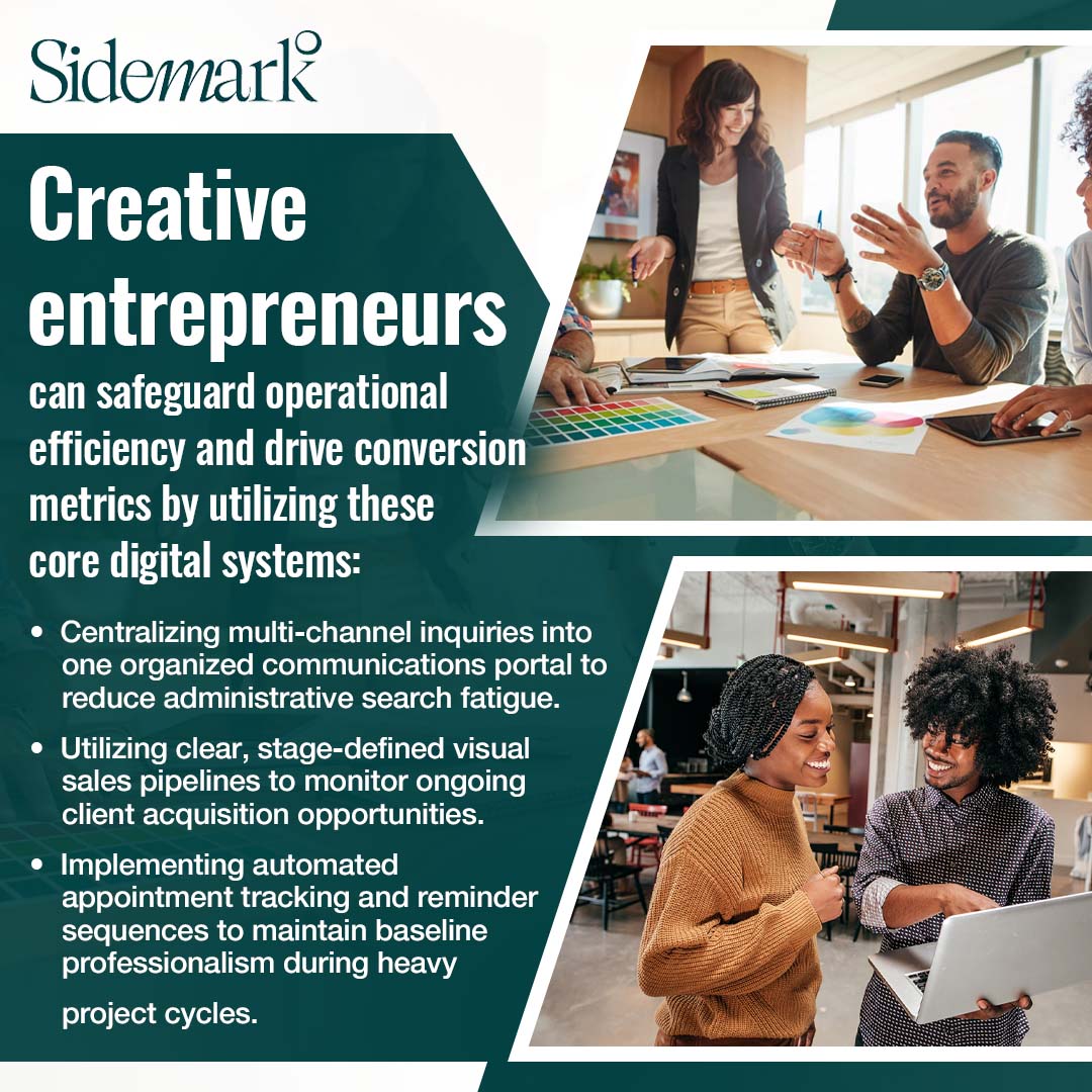 Creative professionals collaborating in a meeting while using digital communication, sales pipeline, and appointment management tools to improve business efficiency.