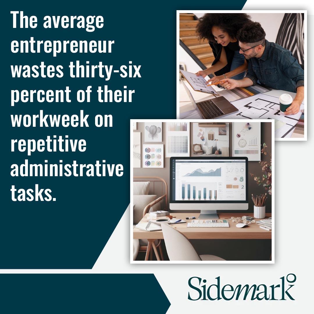 Two designers reviewing blueprints over a laptop next to a workstation showing business analytics, featured on a Sidemark graphic about administrative time loss.