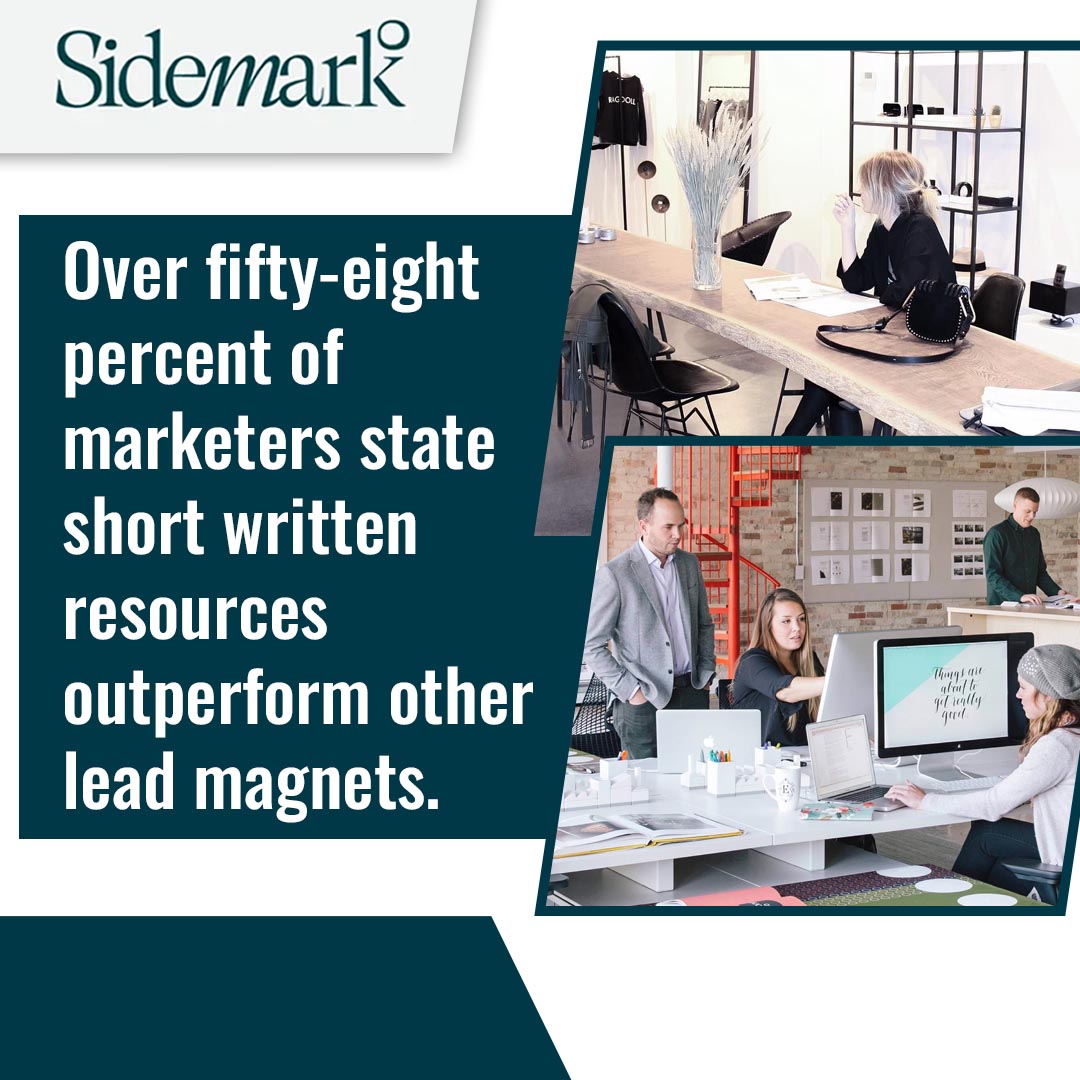 A creative professional reviewing work at a long wooden table alongside a team collaborating at an open office workstation on a Sidemark graphic.