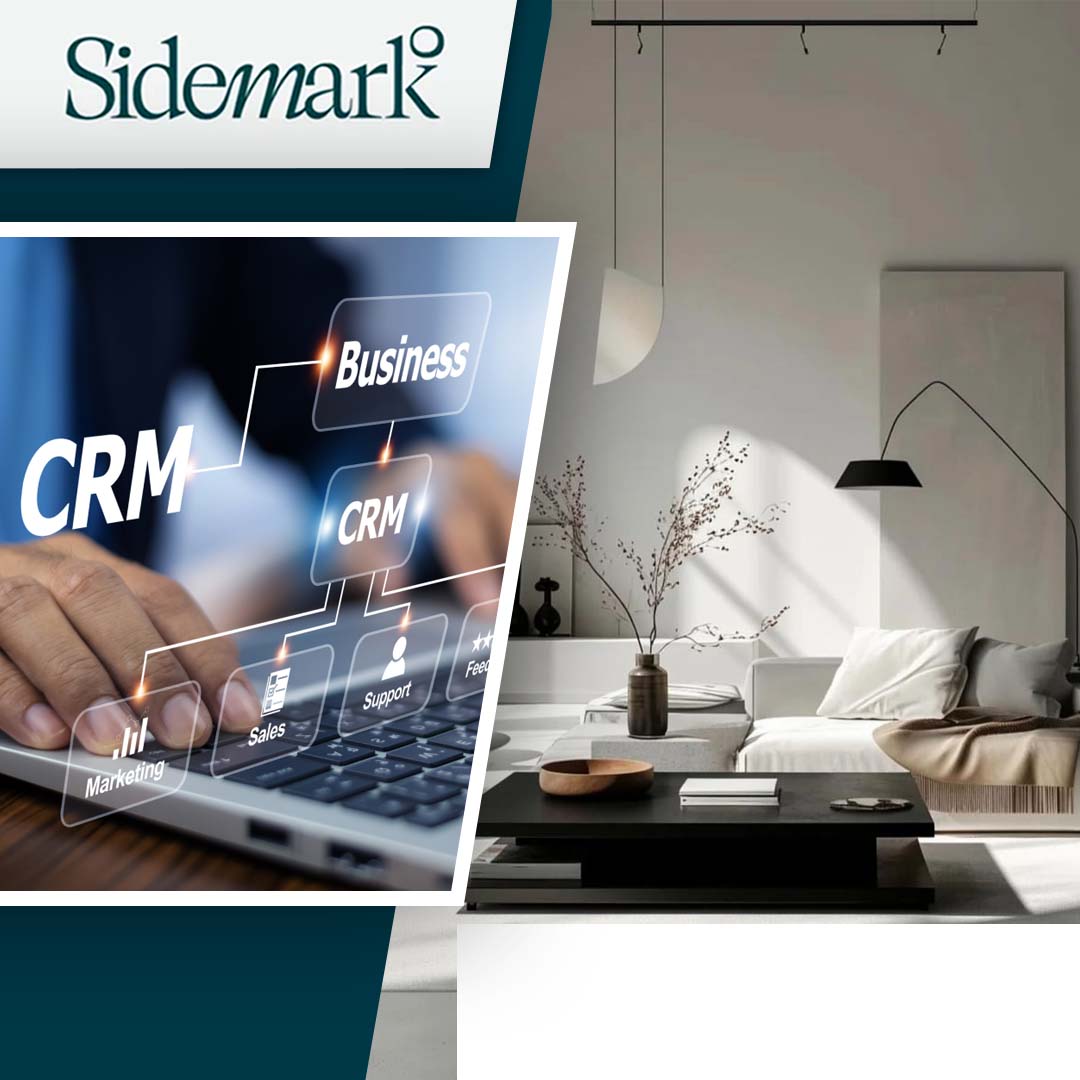 Split layout featuring a person typing on a laptop with a digital CRM workflow overlay alongside an elegant modern interior living room.
