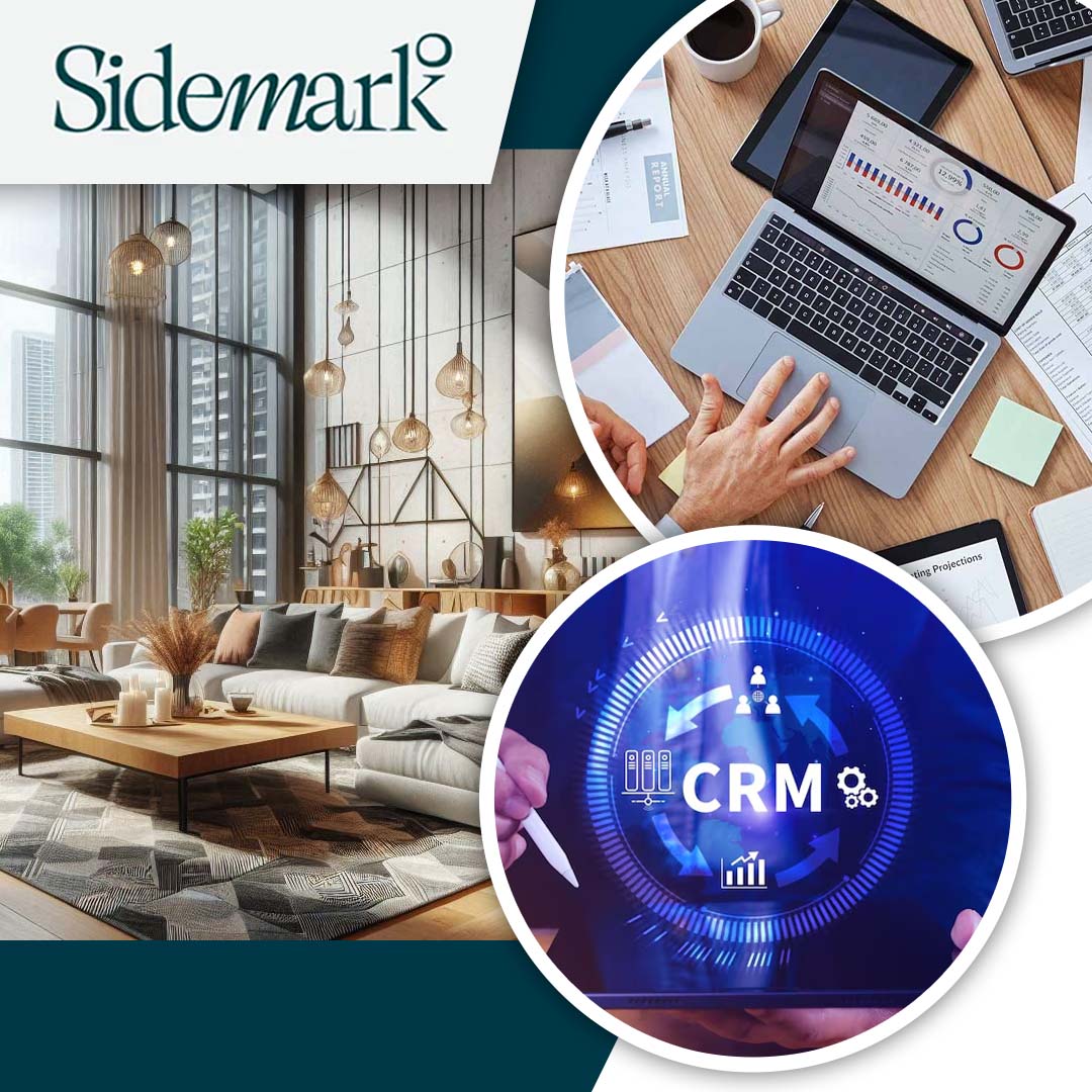 Modern luxury loft interior with hanging pendant lights next to circular insets of a professional analyzing dashboard data on a laptop and interacting with a digital CRM interface.