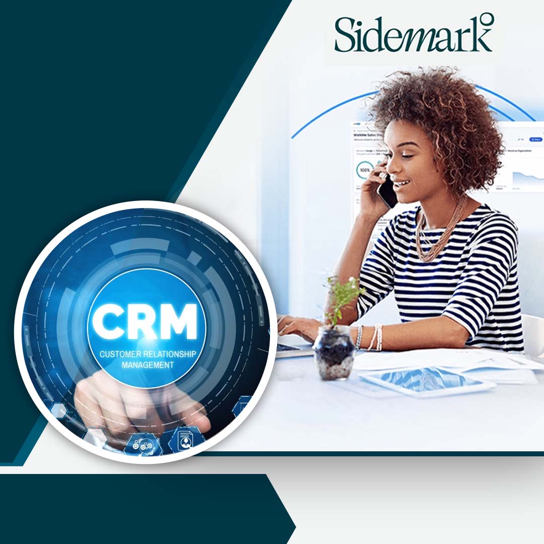 Professional woman smiling while talking on the phone and working on a laptop alongside a glowing circular CRM interface icon.
