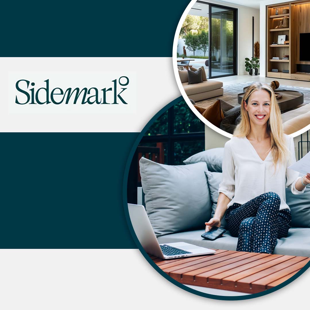 Smiling woman sitting on a comfortable patio sofa holding paperwork next to a laptop, with a circular inset of a modern luxury living room. Smiling woman sitting on a comfortable patio sofa holding paperwork next to a laptop, with a circular inset of a modern luxury living room.