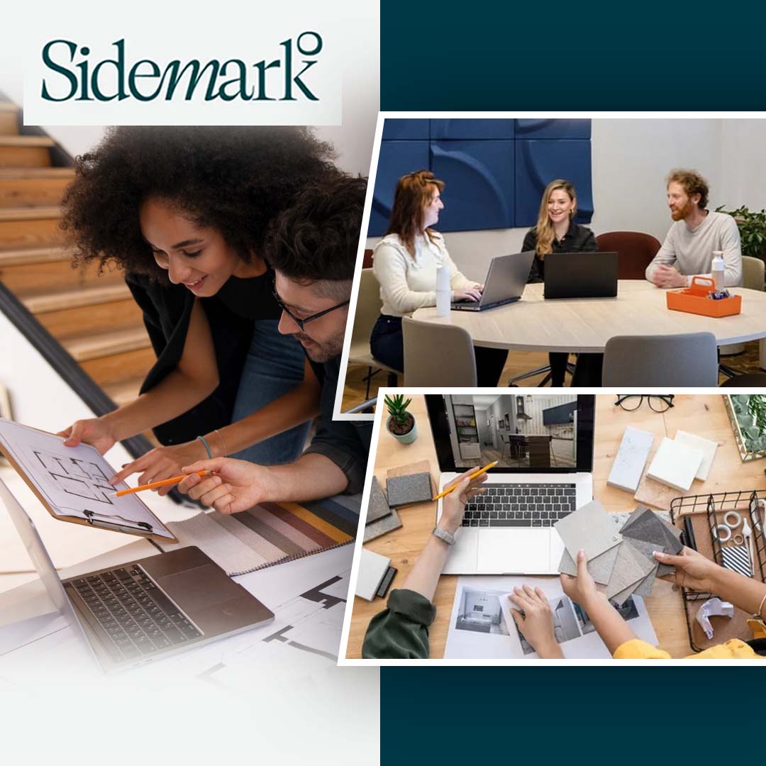Collage showing designers reviewing floor plans, a team meeting around a conference table with laptops, and designers selecting tile and material samples at a desk. Collage showing designers reviewing floor plans, a team meeting around a conference table with laptops, and designers selecting tile and material samples at a desk.