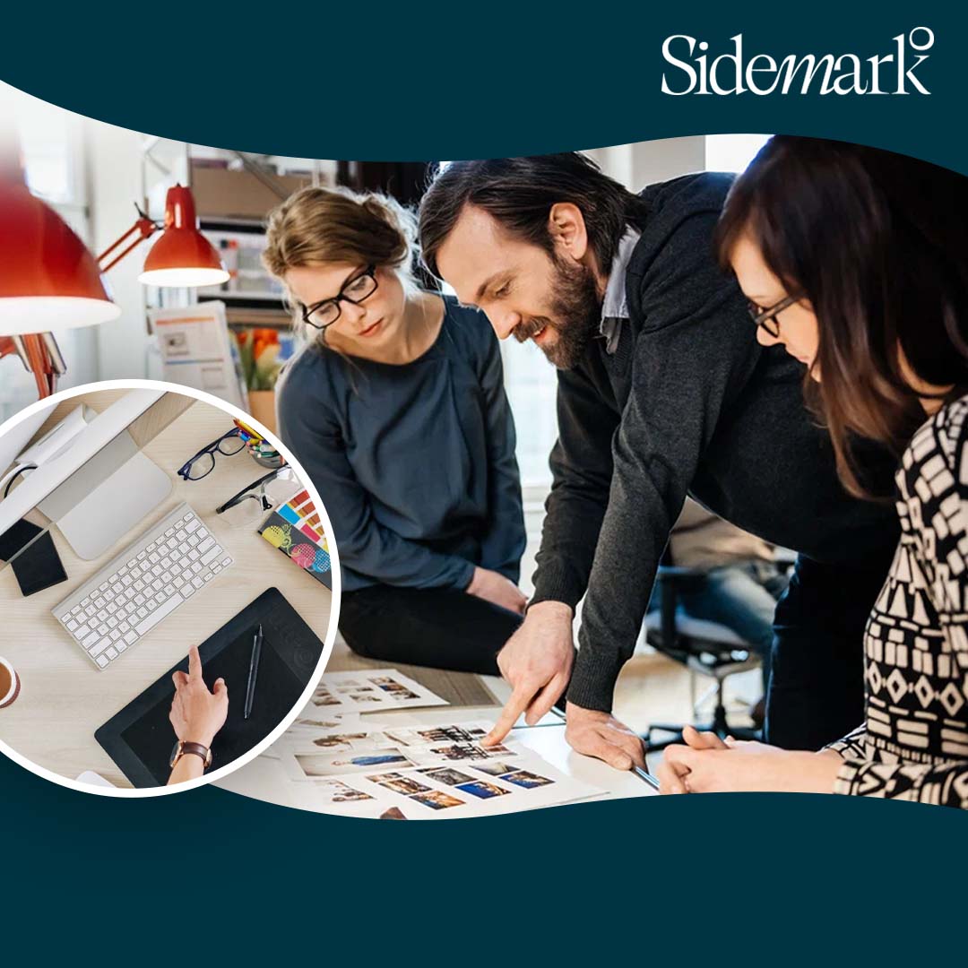 Design team gathered around a desk reviewing printed layout proofs next to a circular inset of a creative workstation with a drawing tablet and keyboard. Design team gathered around a desk reviewing printed layout proofs next to a circular inset of a creative workstation with a drawing tablet and keyboard.