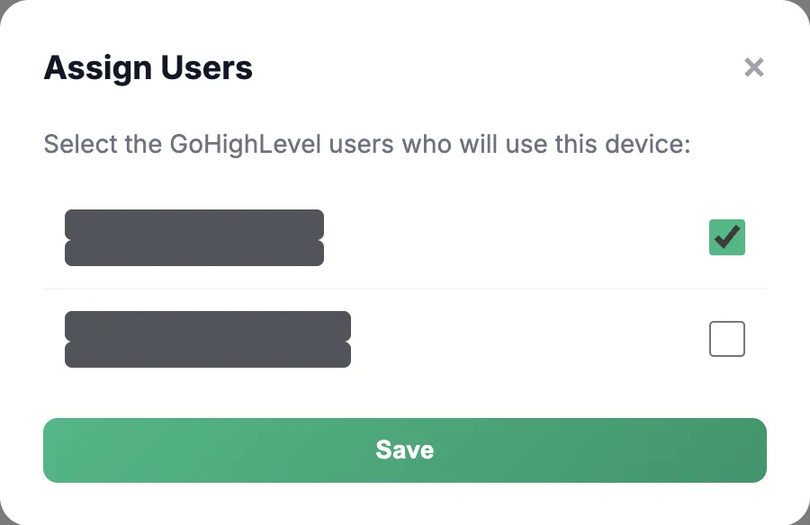 Assign Users dialog in WhatsLevel, with user names and email addresses hidden