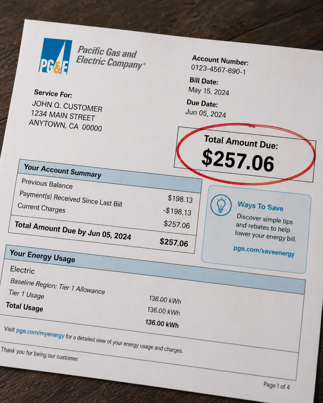 Close-up of a PG&E bill amount due
