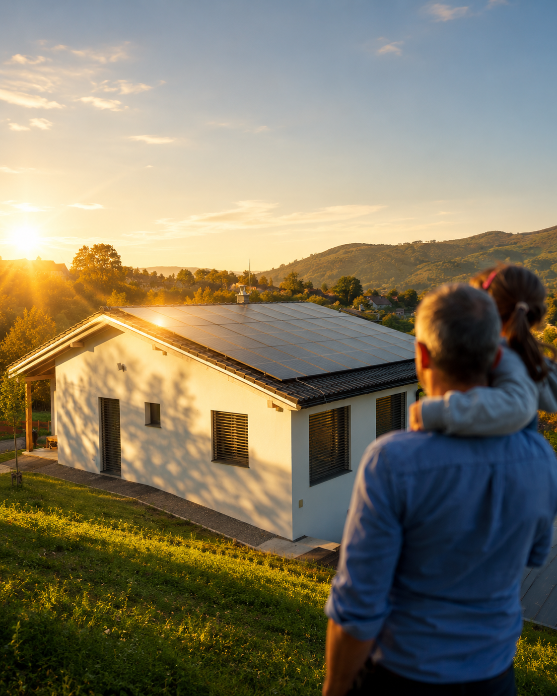 Home with solar panels at dusk