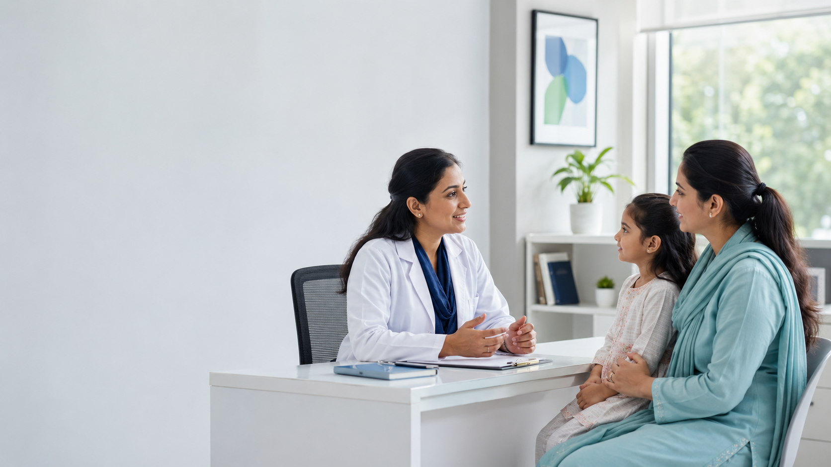 Asian doctor consulting a mother and child at Florex Health Care