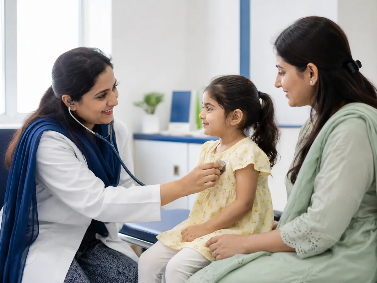 South Asian paediatrician examining a child with a parent present