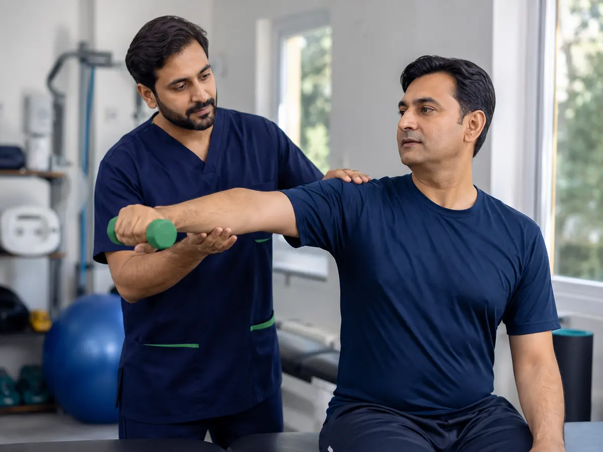 South Asian physiotherapist guiding a patient through rehabilitation