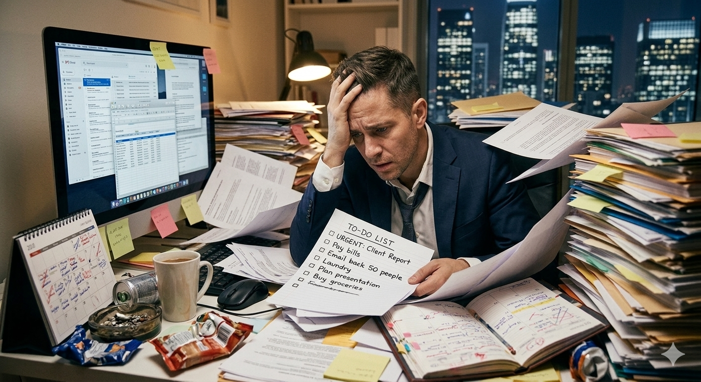 Entrepreneur stressed by repetitive daily tasks and admin work before hiring a remote assistant for support. Entrepreneur stressed by repetitive daily tasks and admin work before hiring a remote assistant for support.