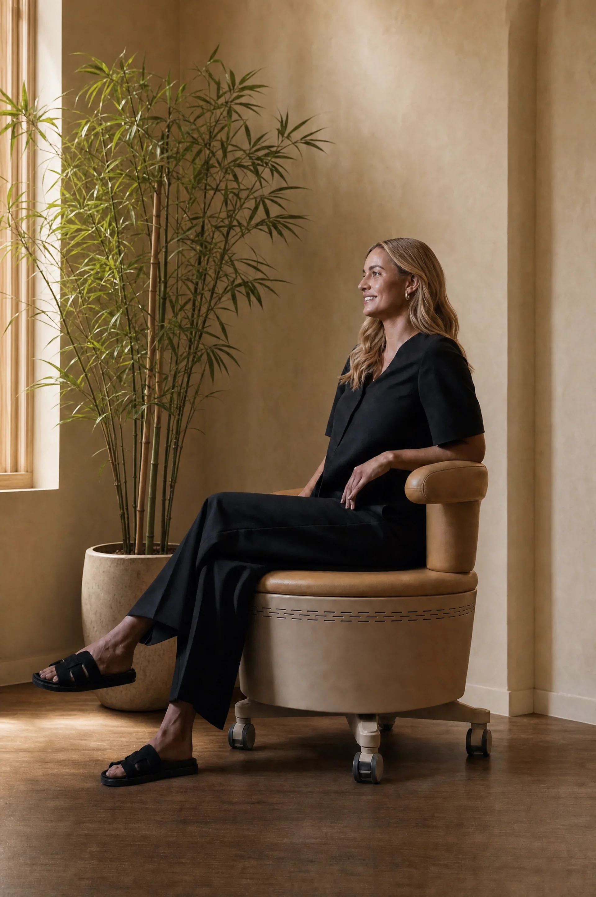 A woman sitting fully clothed and relaxed in the pelvic floor chair at Lisa Thompson Aesthetics