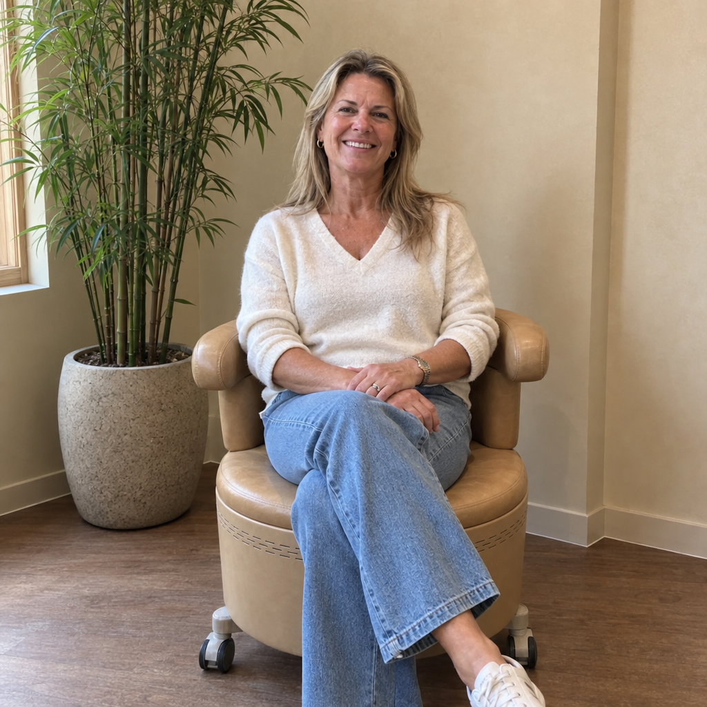 A woman sitting relaxed and smiling in the pelvic floor chair at Lisa Thompson Aesthetics