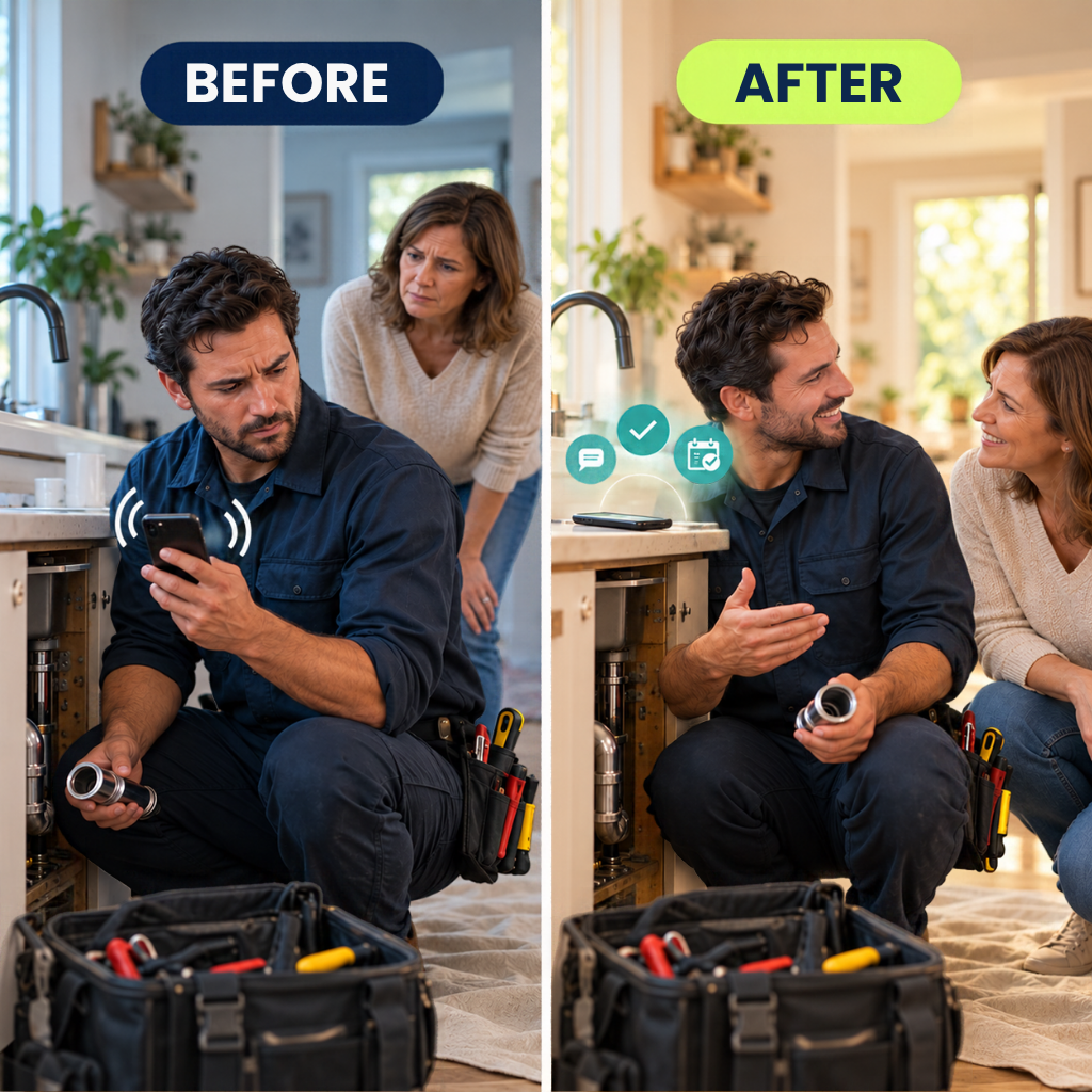 Before: a service professional is distracted by an unknown call. After: the professional stays focused on the customer while follow-up is handled automatically.
