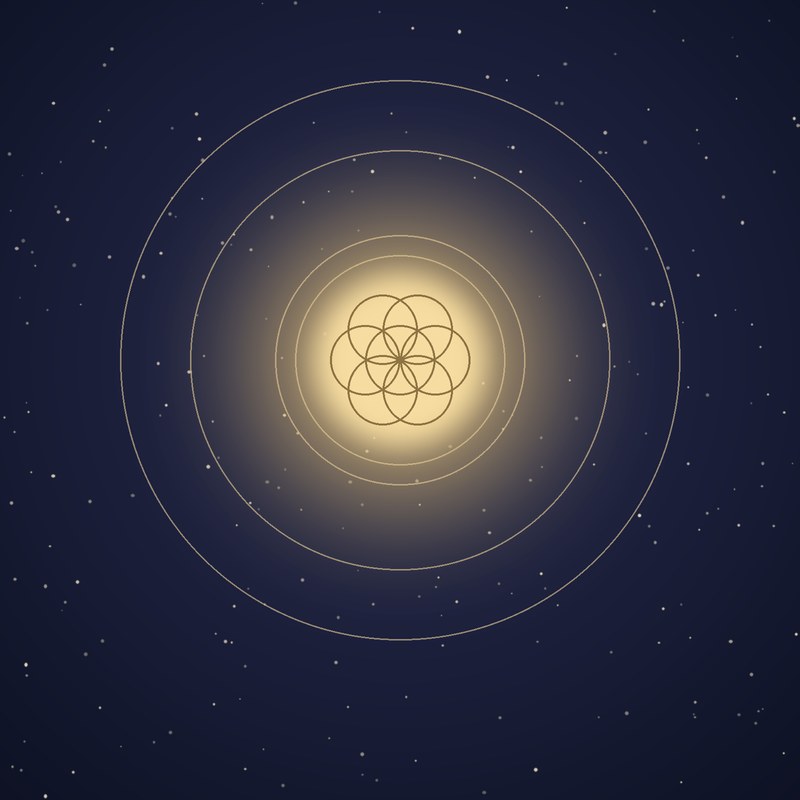 Gold seed-of-life glowing in a starfield