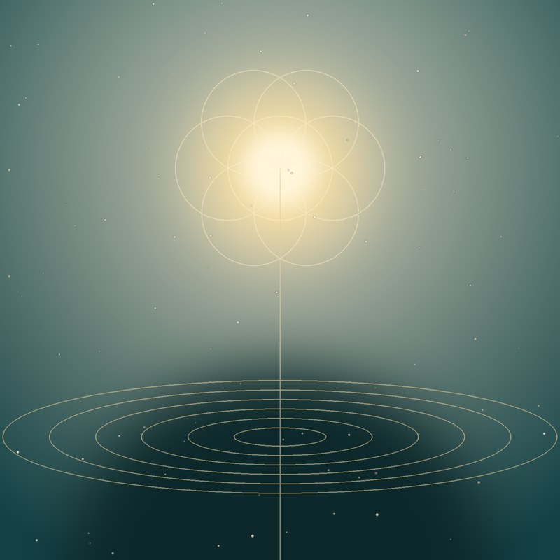 Teal artwork of sunlight flowing down into the earth