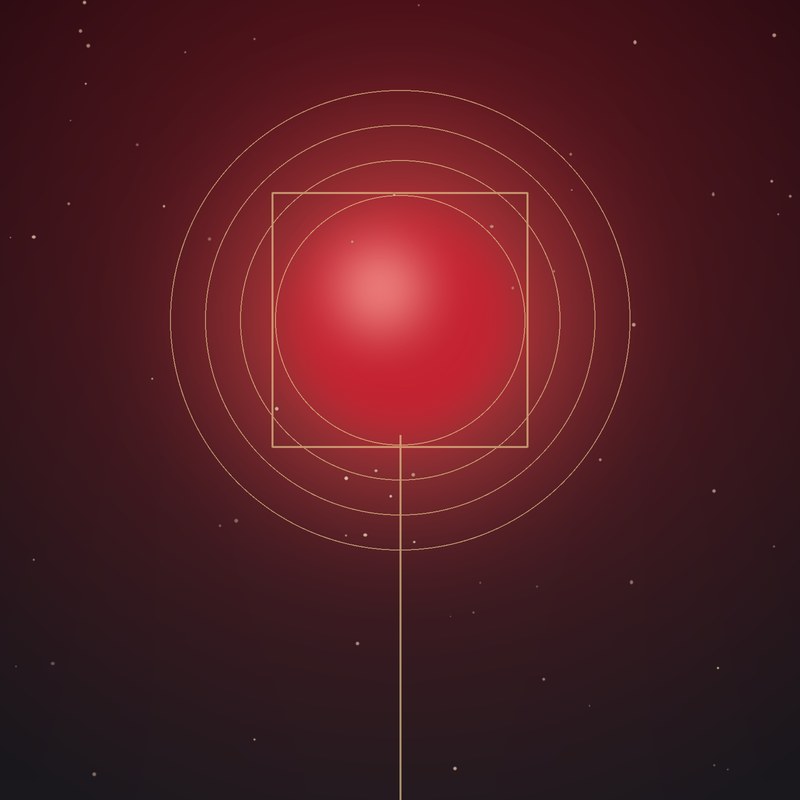 Ruby-red sphere of light with a gold cord to the earth