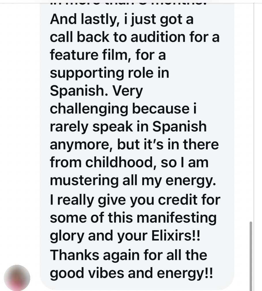Instagram message from Sandra (Tarabud) crediting the elixirs