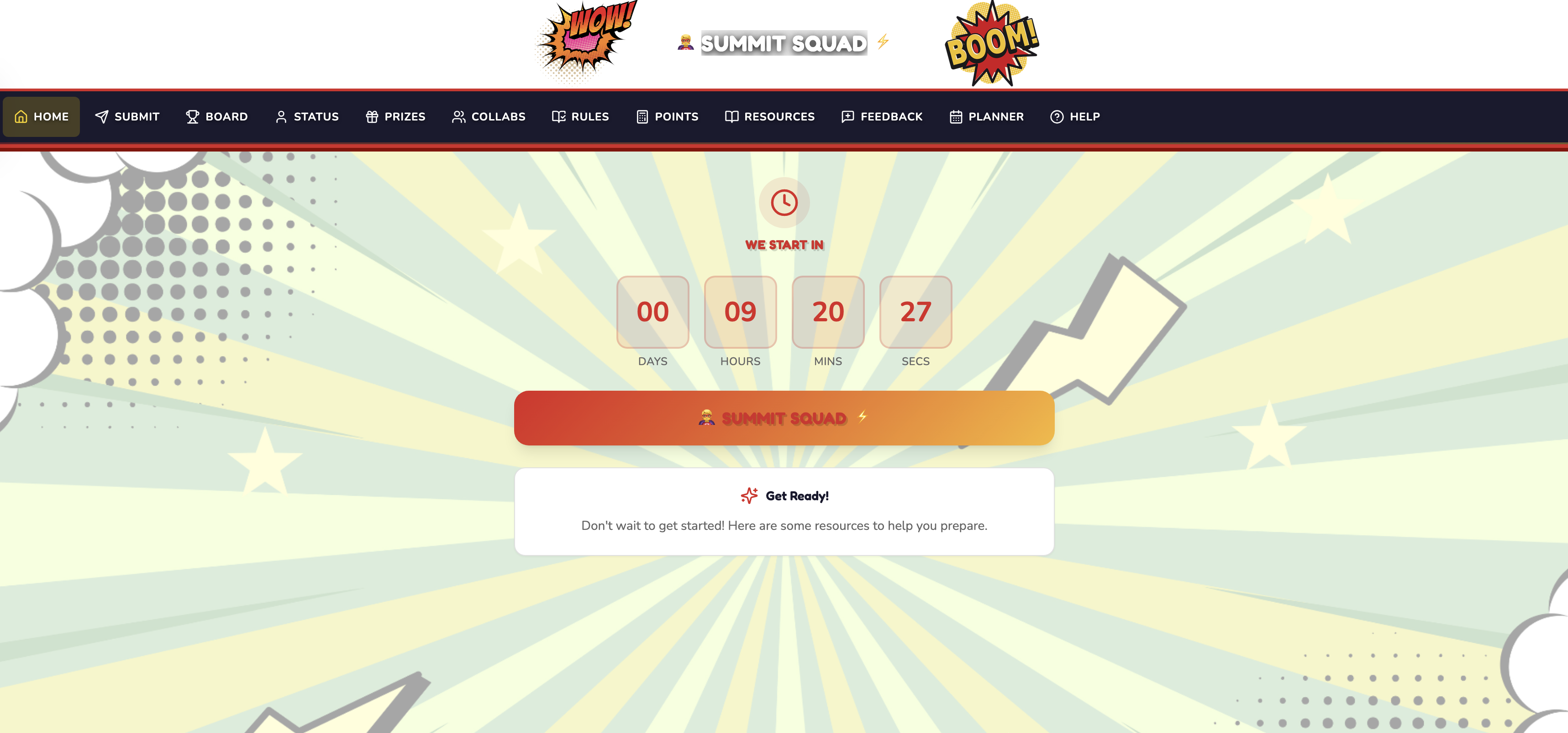 Summit Squad theme — bold red and gold superhero portal