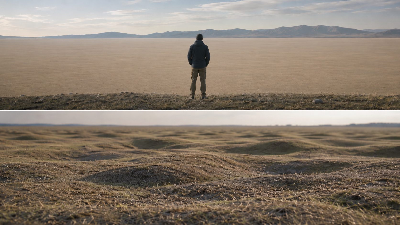 Distant landscape appearing flat from one viewpoint compared with the same terrain revealing subtle elevation changes up close