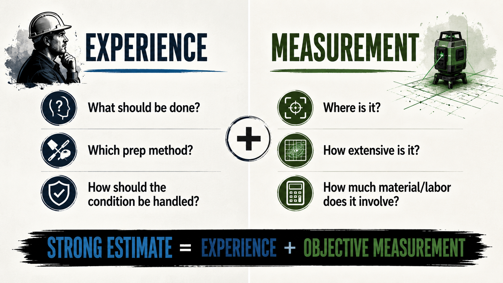 Comparison showing how experience guides flooring preparation decisions while objective measurement identifies location, extent, and material or labor requirements