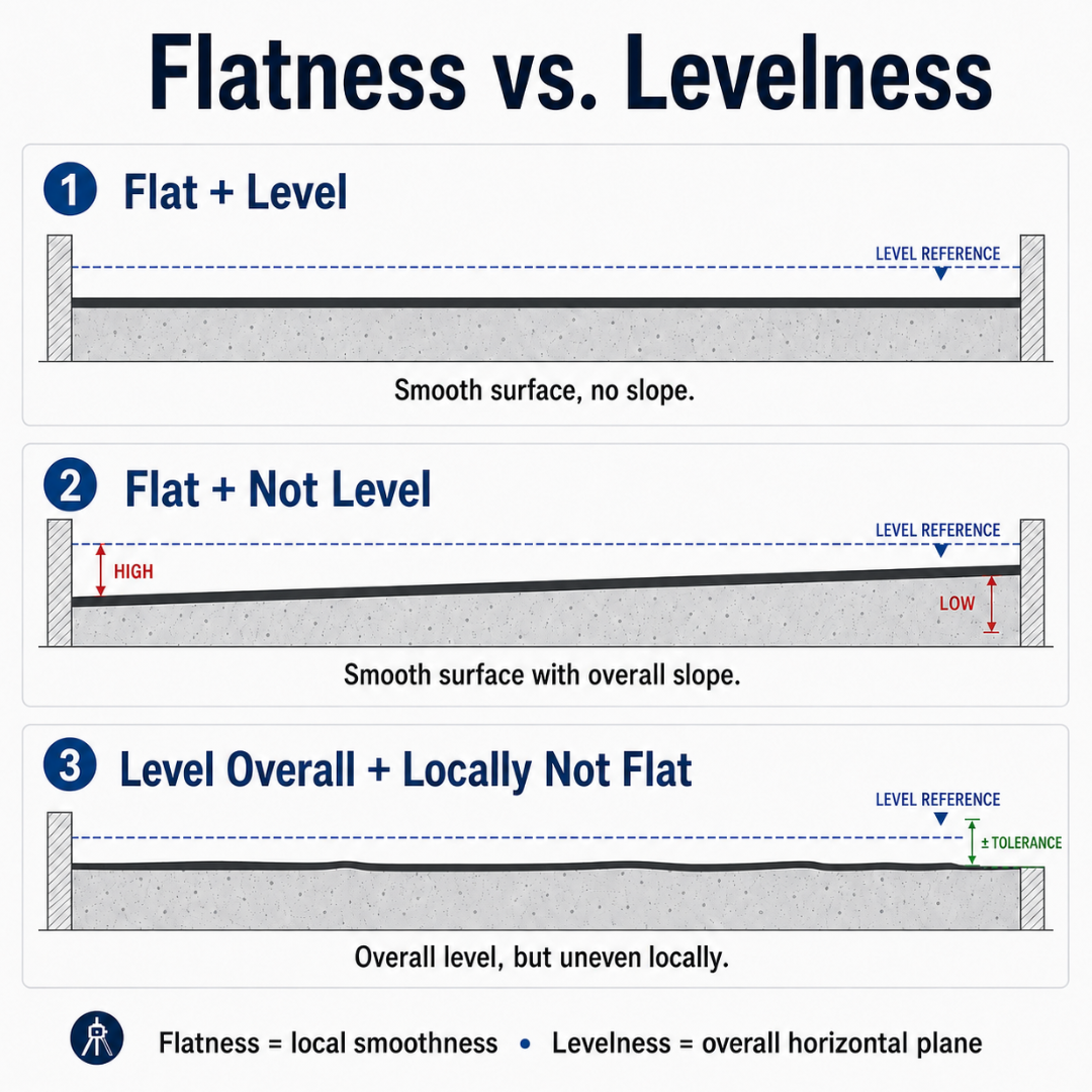 Diagram comparing floor flatness and levelness