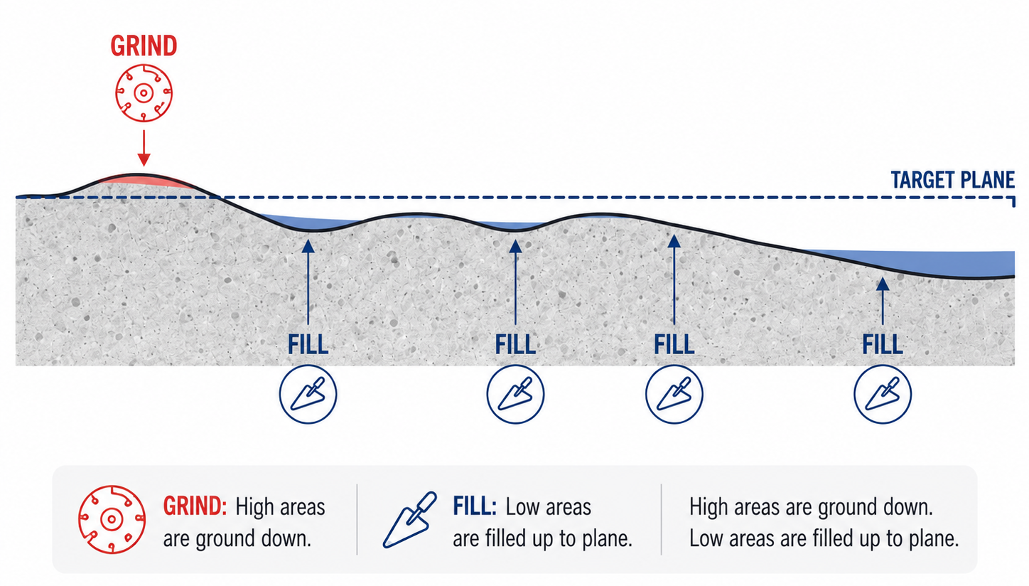 Cross-section of a concrete floor showing high areas above a target plane that require grinding and low areas below the plane that require filling