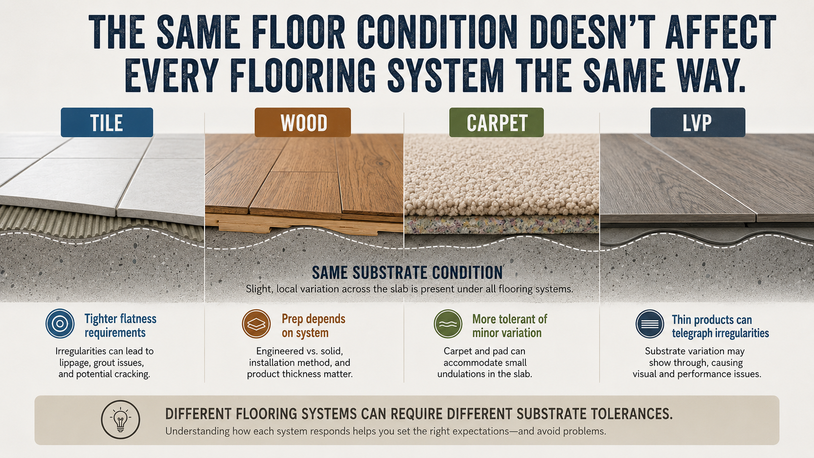 Comparison of tile, wood, carpet, and LVP showing how the same substrate variation can affect different flooring systems in different ways