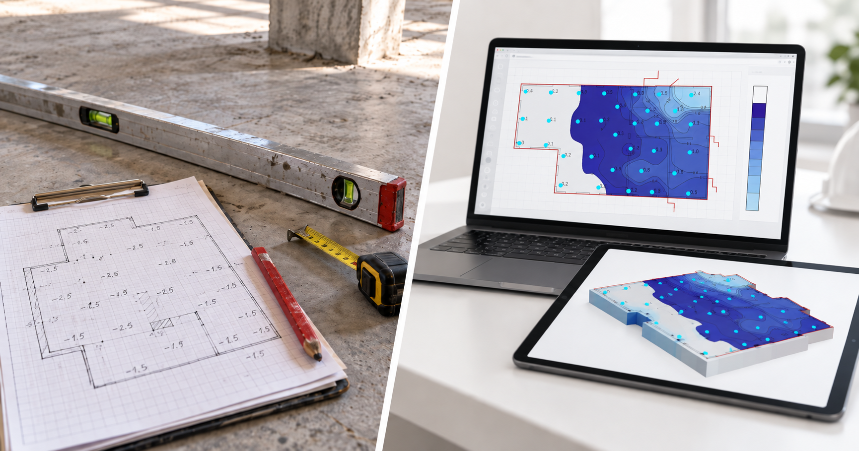 Hand-drawn floor measurement blueprint compared to a 3D topographic floor elevation model