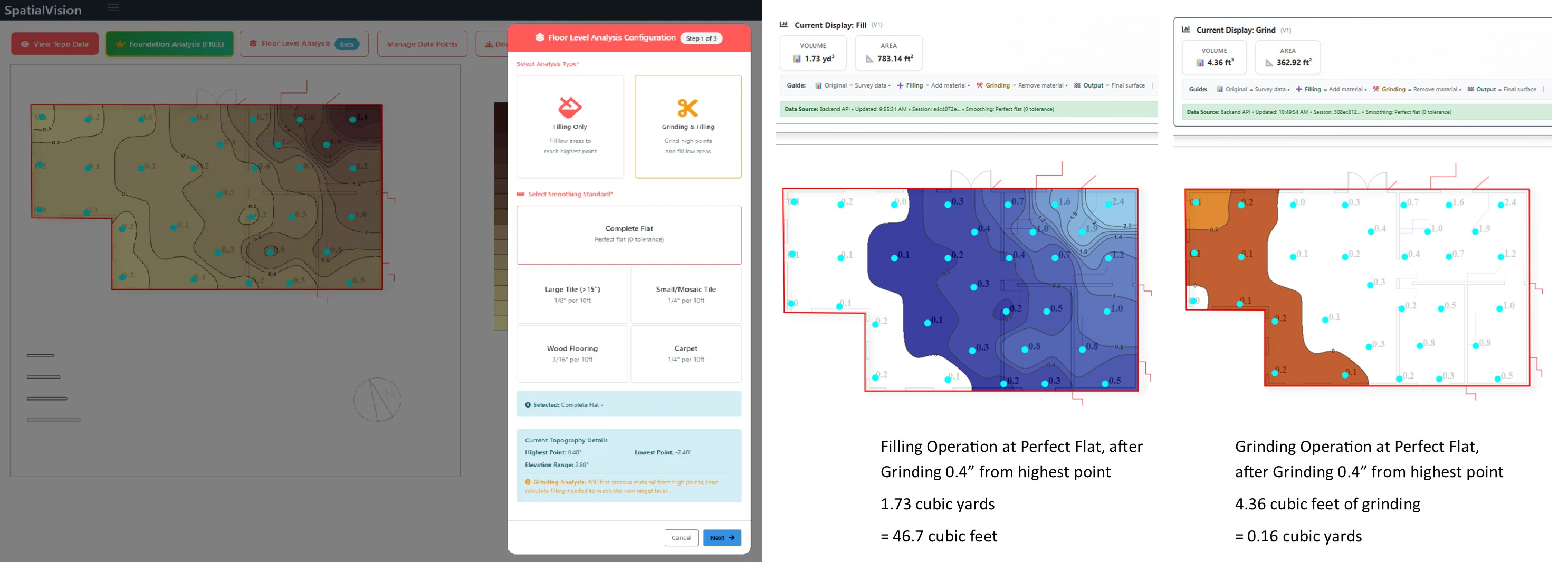 3D floor elevation model with contour lines generated by SpatialVision floor mapping software, Comparison of grind and fill material options generated from floor elevation data