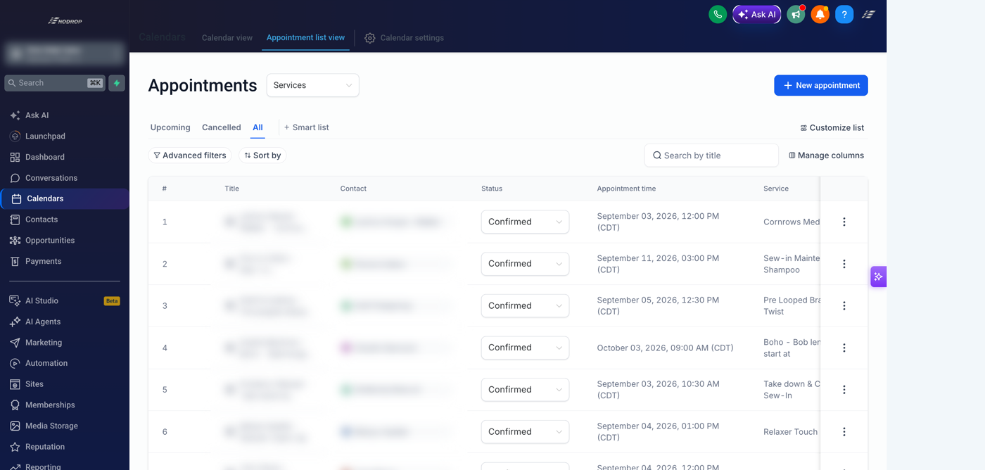 A live Enodrop booking calendar with client names hidden