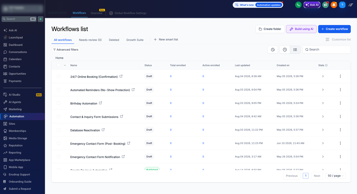 Enodrop automation workflows including booking confirmation, reminders and review requests