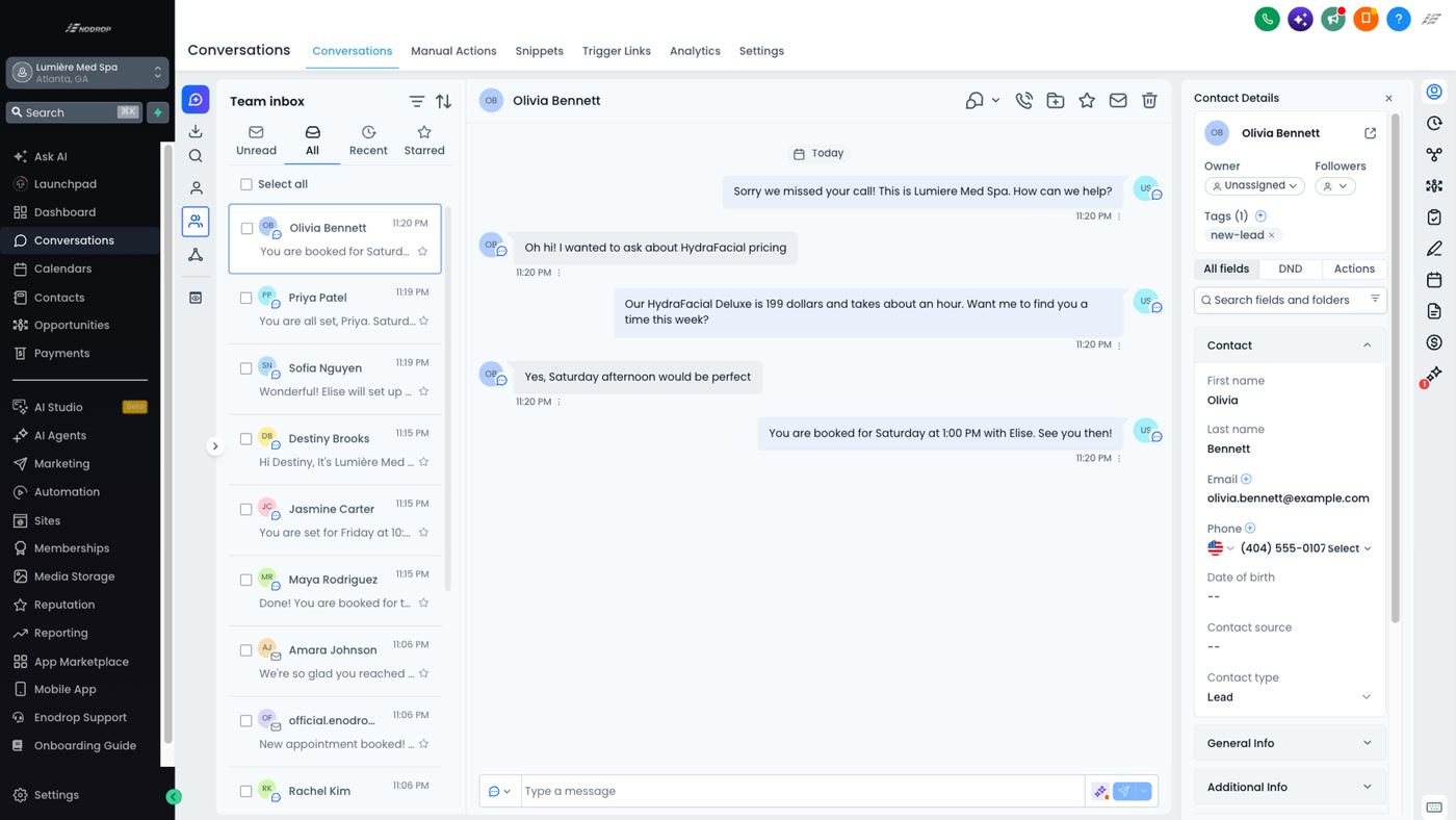 Unified inbox inside Enodrop with a client conversation answered and booked