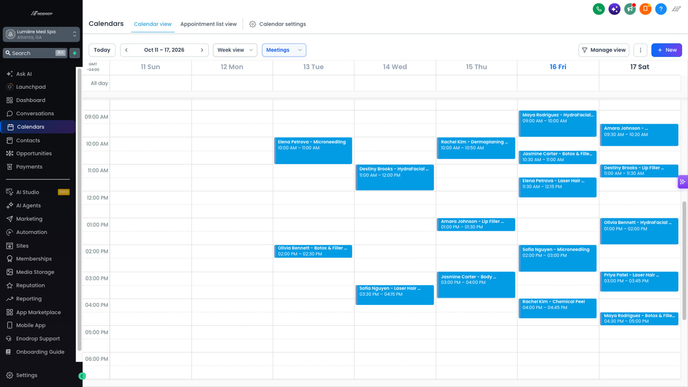 Booking calendar inside Enodrop filled with appointments for the week