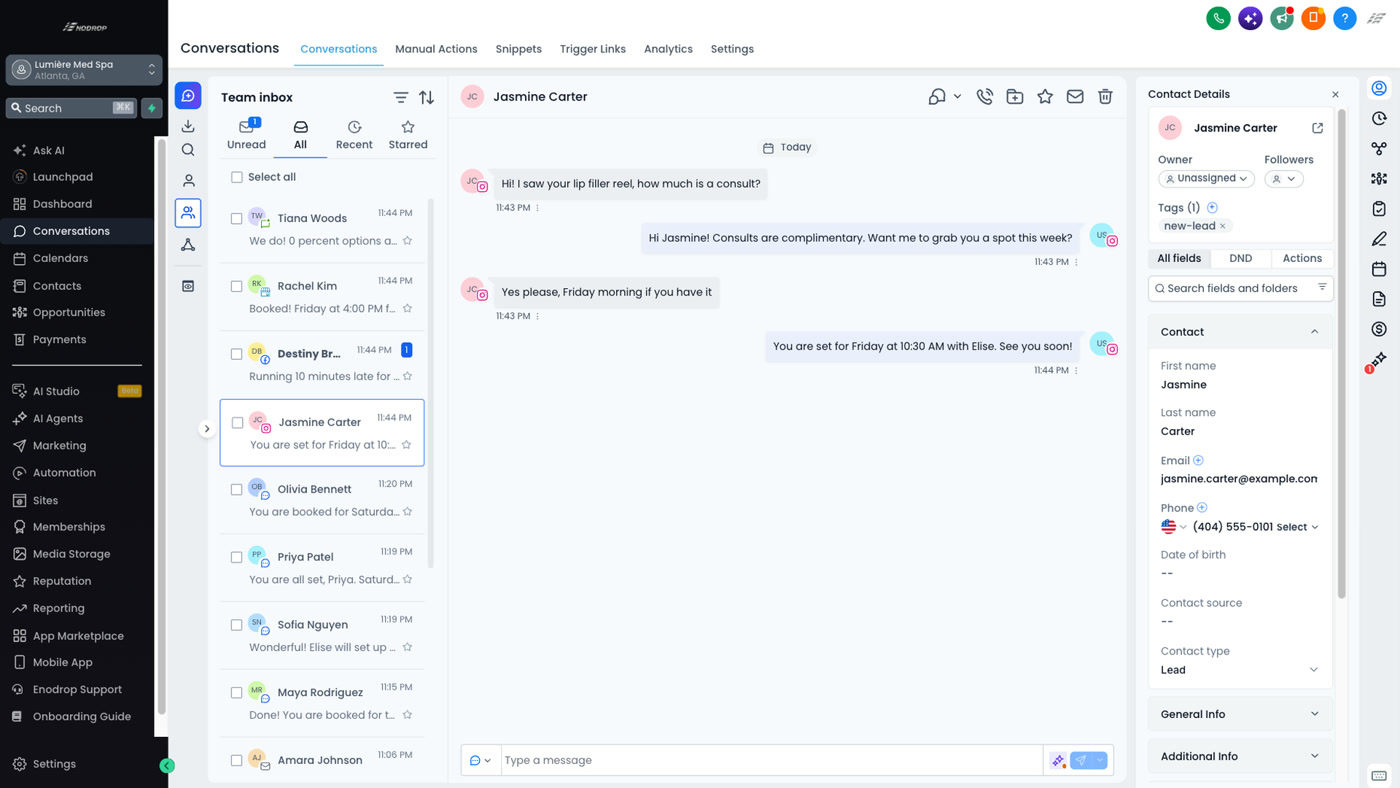 Unified inbox inside Enodrop with Instagram, Facebook, Google and web chat messages in one list