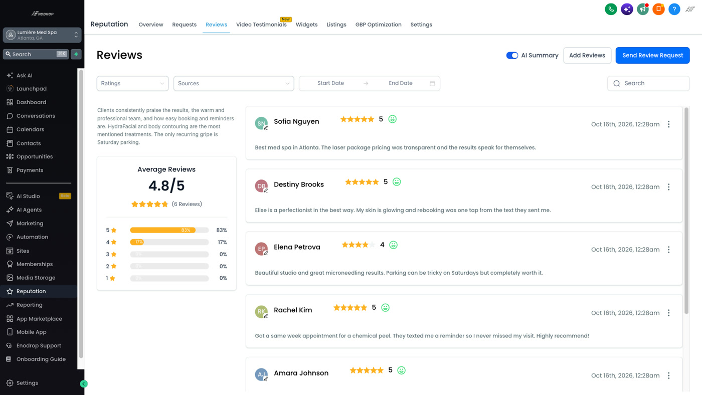 Reviews dashboard inside Enodrop with average rating and review requests