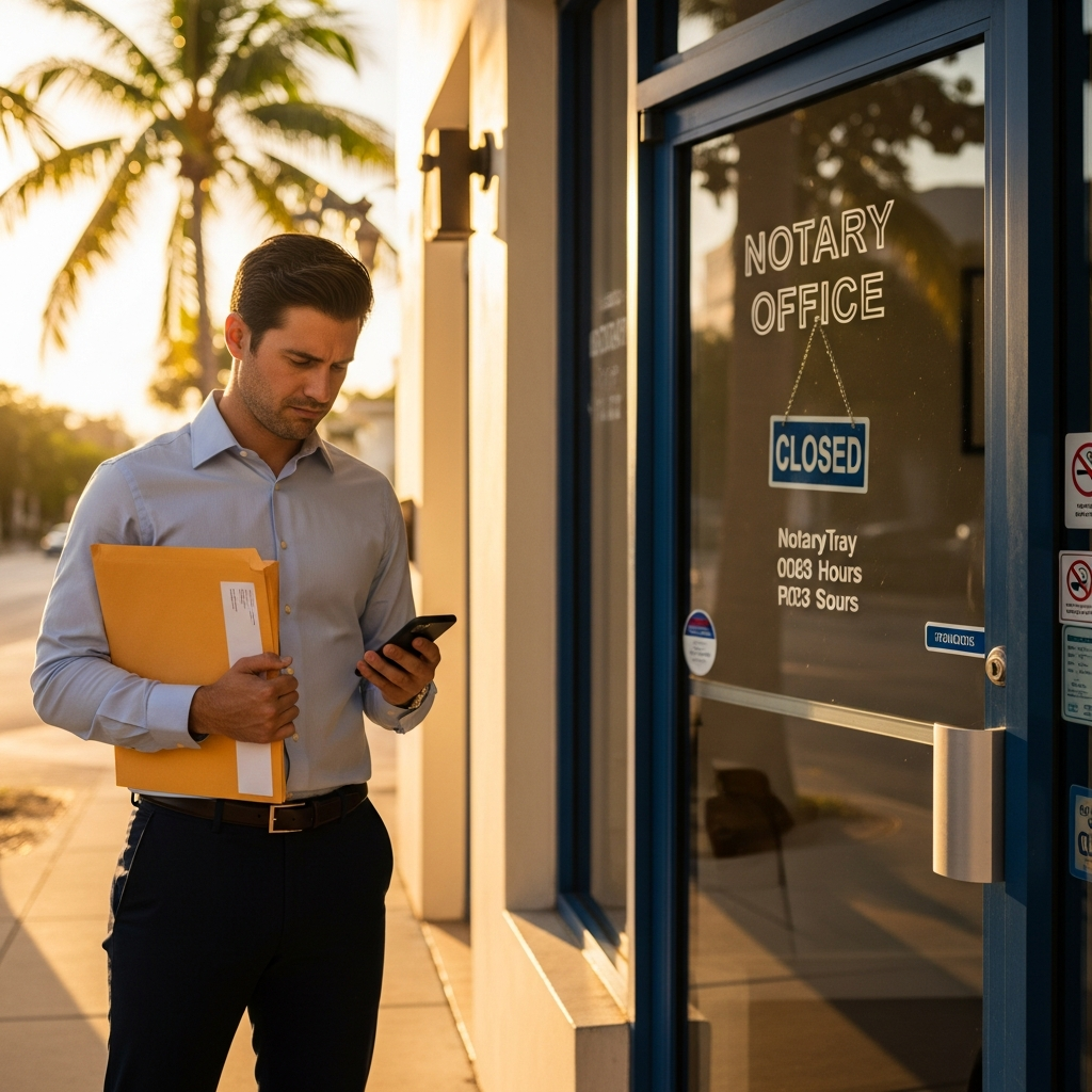 Frustrated professional with a folder of documents standing outside a closed notary office in Miami at golden hour